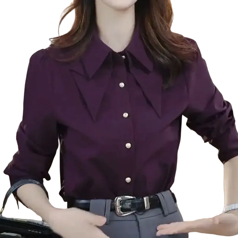 A sleek deep purple satin blouse with long sleeves and classic collar featuring subtle shoulder ruching modname=ckeditor