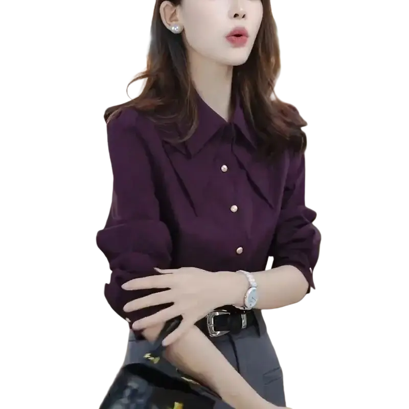 Purple satin blouse long sleeve button-up top with classic collar modname=ckeditor for elegant wear