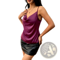 A sleek deep purple satin camisole top with thin straps and a draped neckline for elegant wear