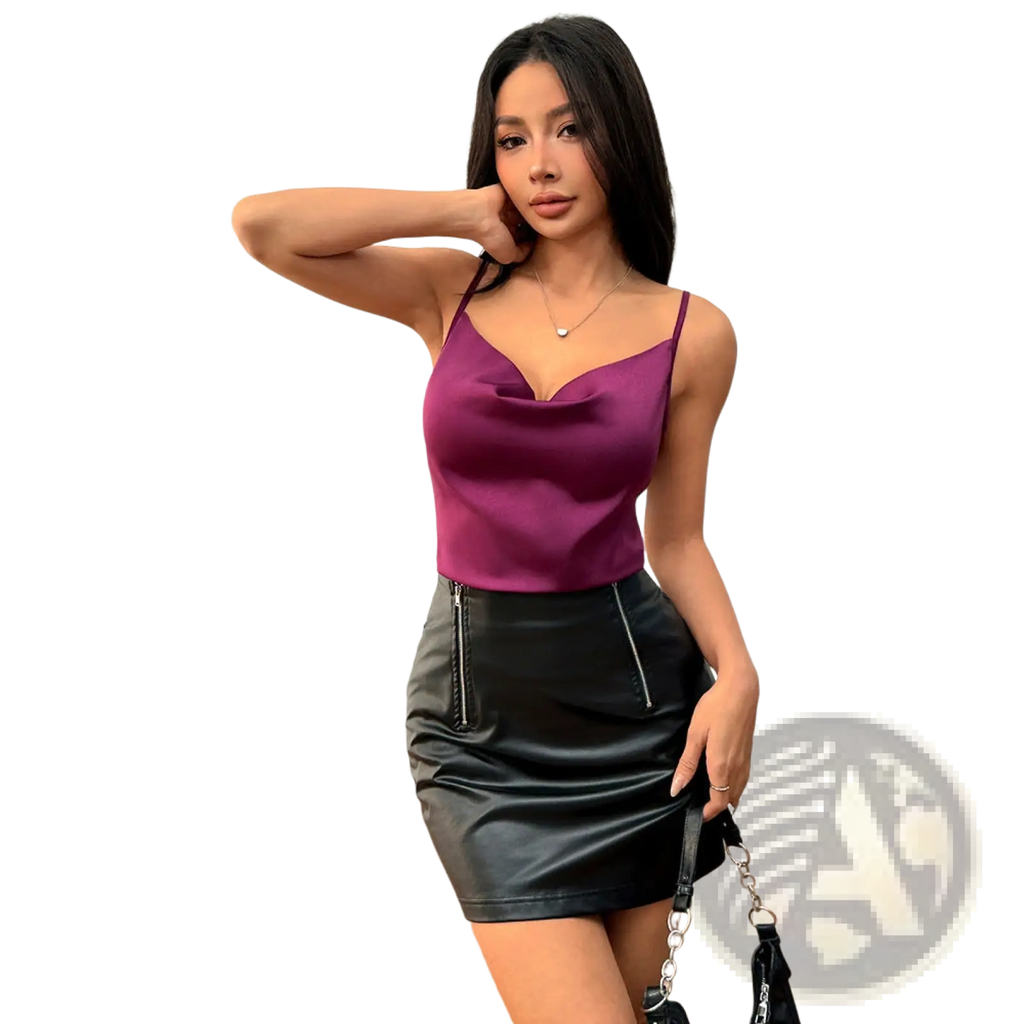 A sleek purple satin camisole top with thin straps and a draped neckline for elegant wear