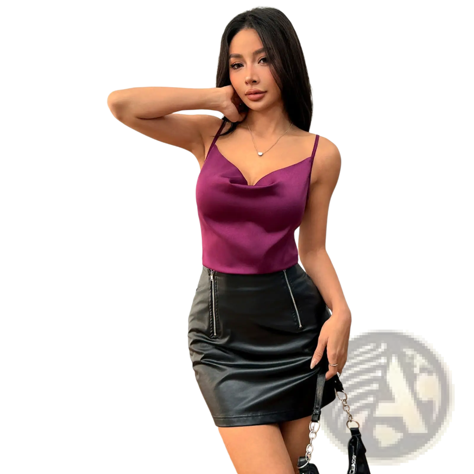 A sleek purple satin camisole top with thin straps and a draped neckline for elegant wear