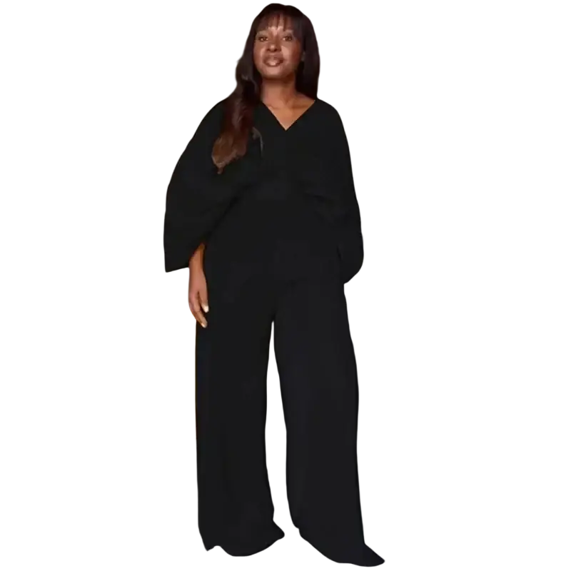 Black wide-leg jumpsuit with v-neckline and flowing bell-shaped sleeves in a purple satin two piece set