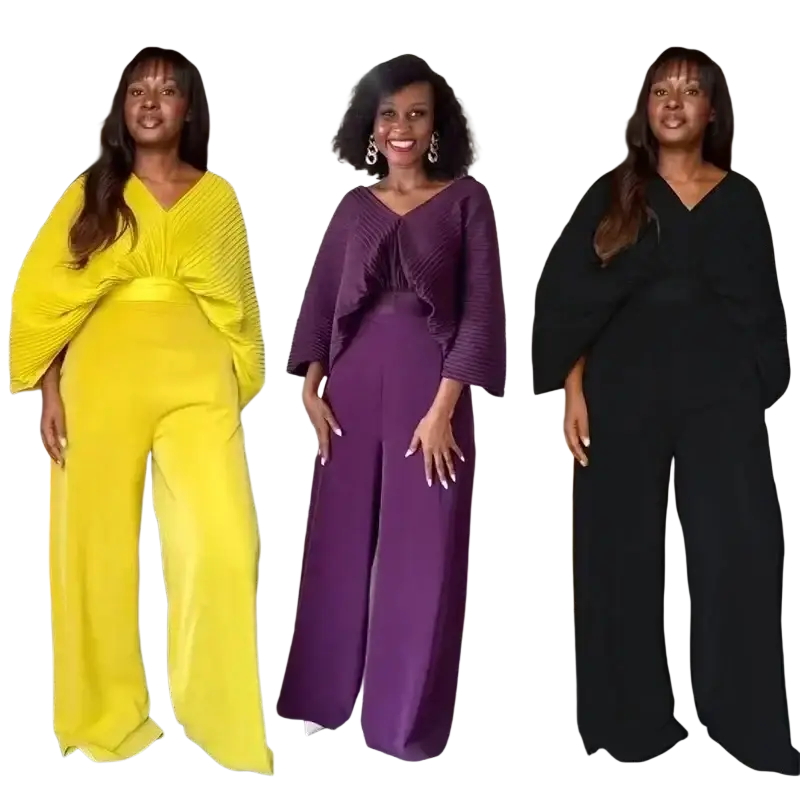Purple satin two piece set with wide leg pants and a vibrant v-neck jumpsuit featuring pleated sleeves