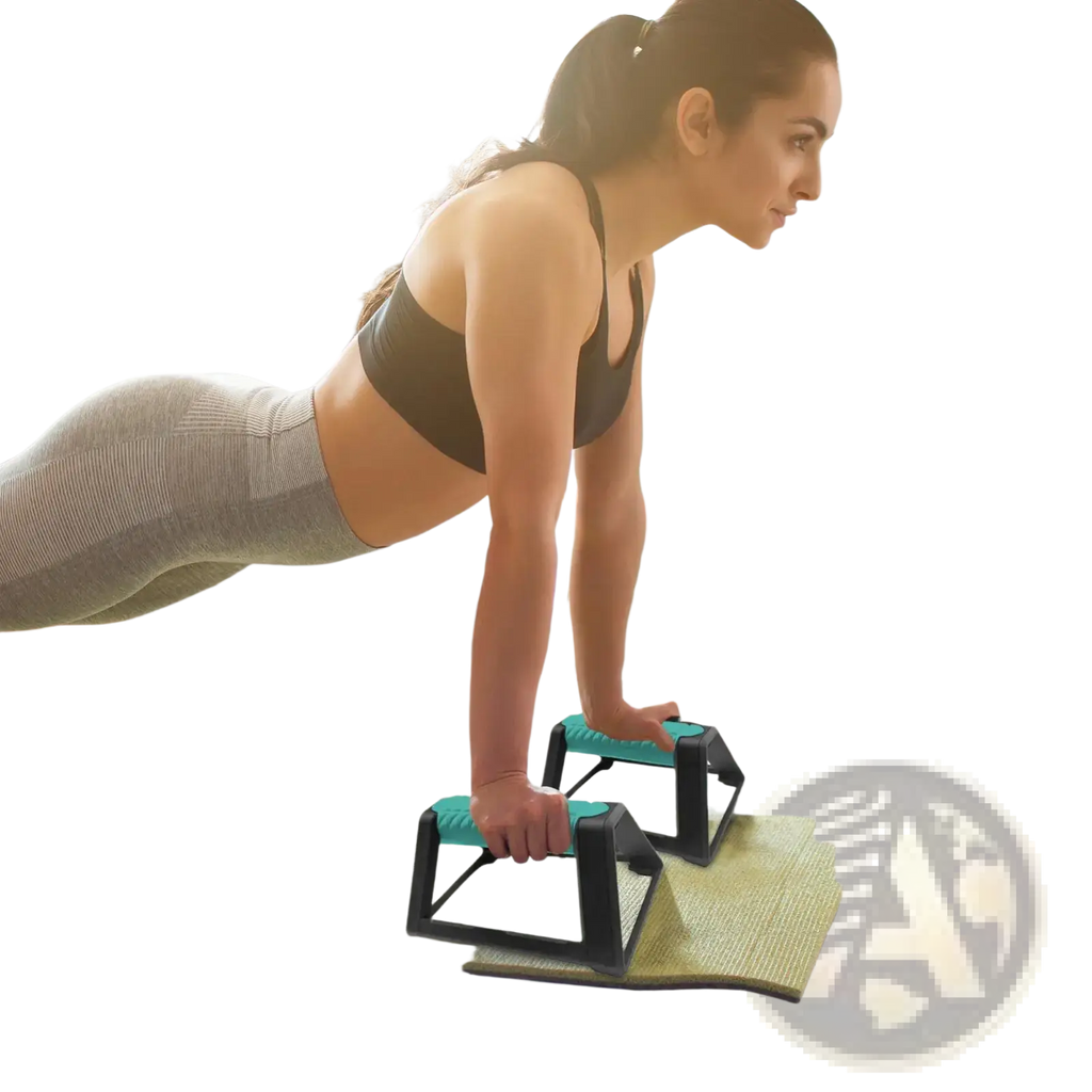 Teal and black ergonomic push up bars made of durable material designed for adjustable workout support