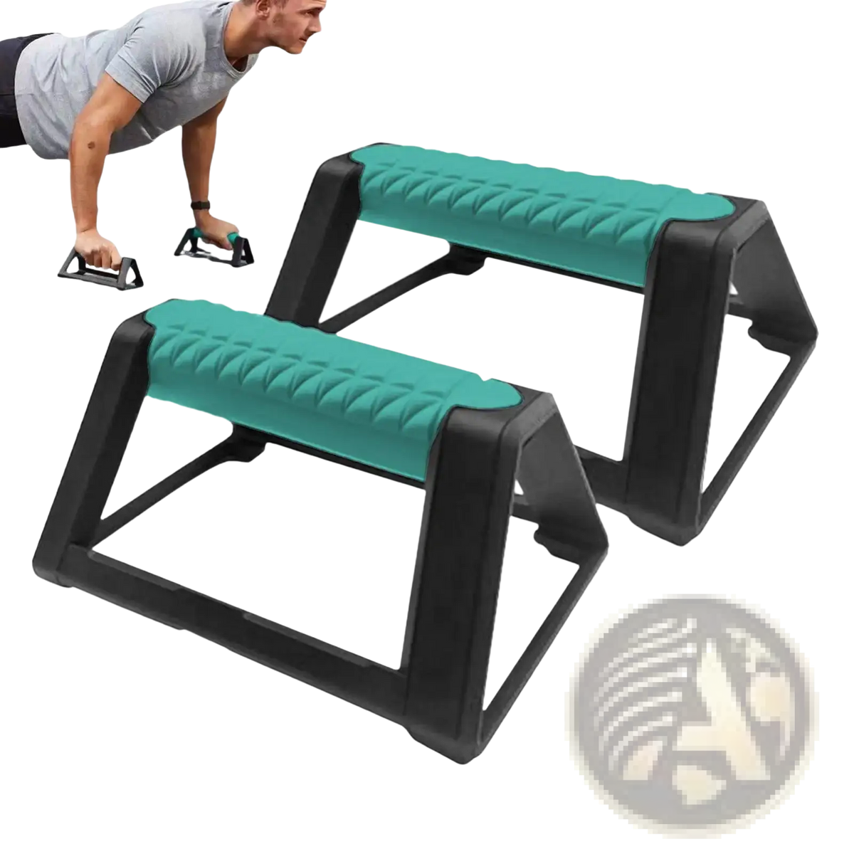 Teal and black plastic push up bars with textured grip surfaces ergonomic workout equipment