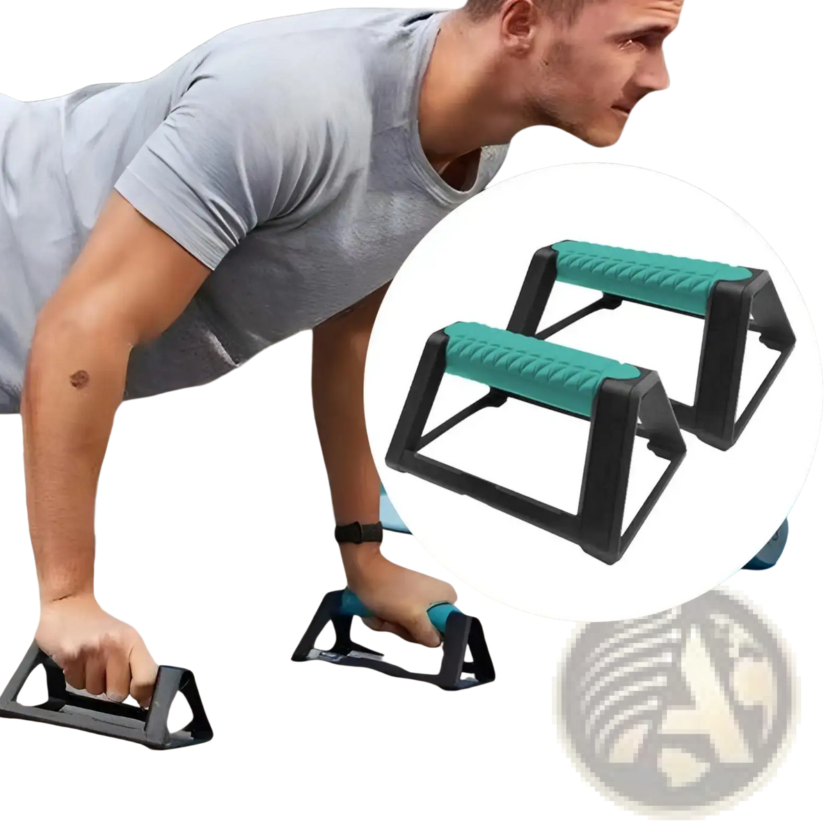 Push up bars teal and black ergonomic plastic workout equipment with textured grip surfaces for exercise stability