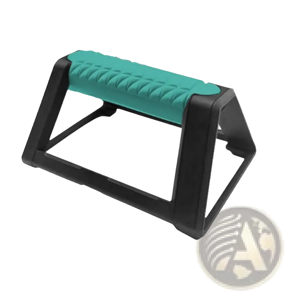 Teal and black plastic push up bars with textured grip handle ergonomic workout equipment for strength training