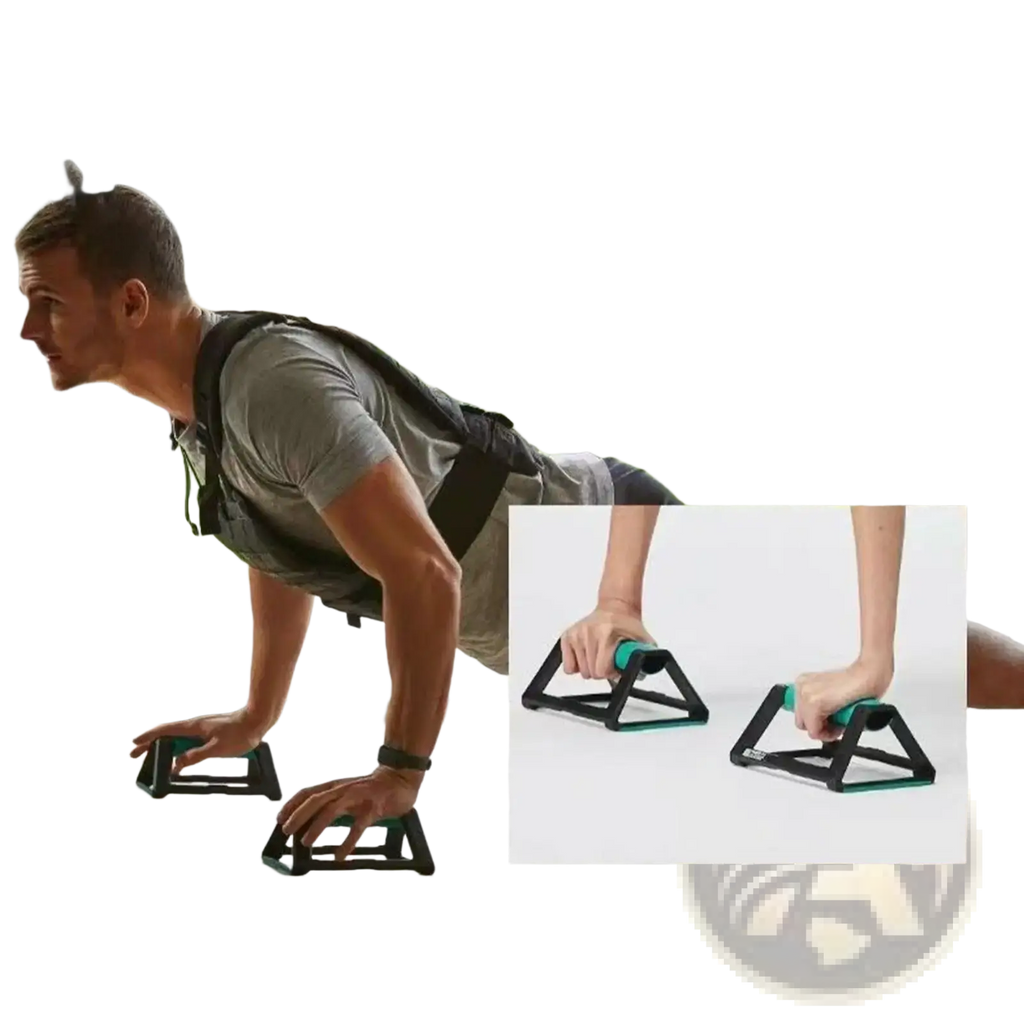 Black and teal triangular push up bars with ergonomic handles designed for comfortable workout support