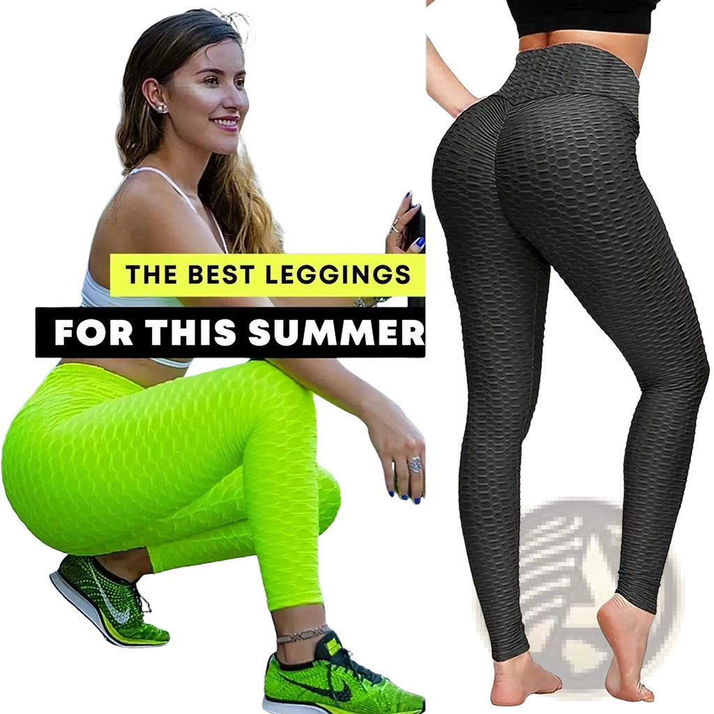 Bright neon green and black seamless high-waisted leggings with honeycomb pattern push up butt lifting design