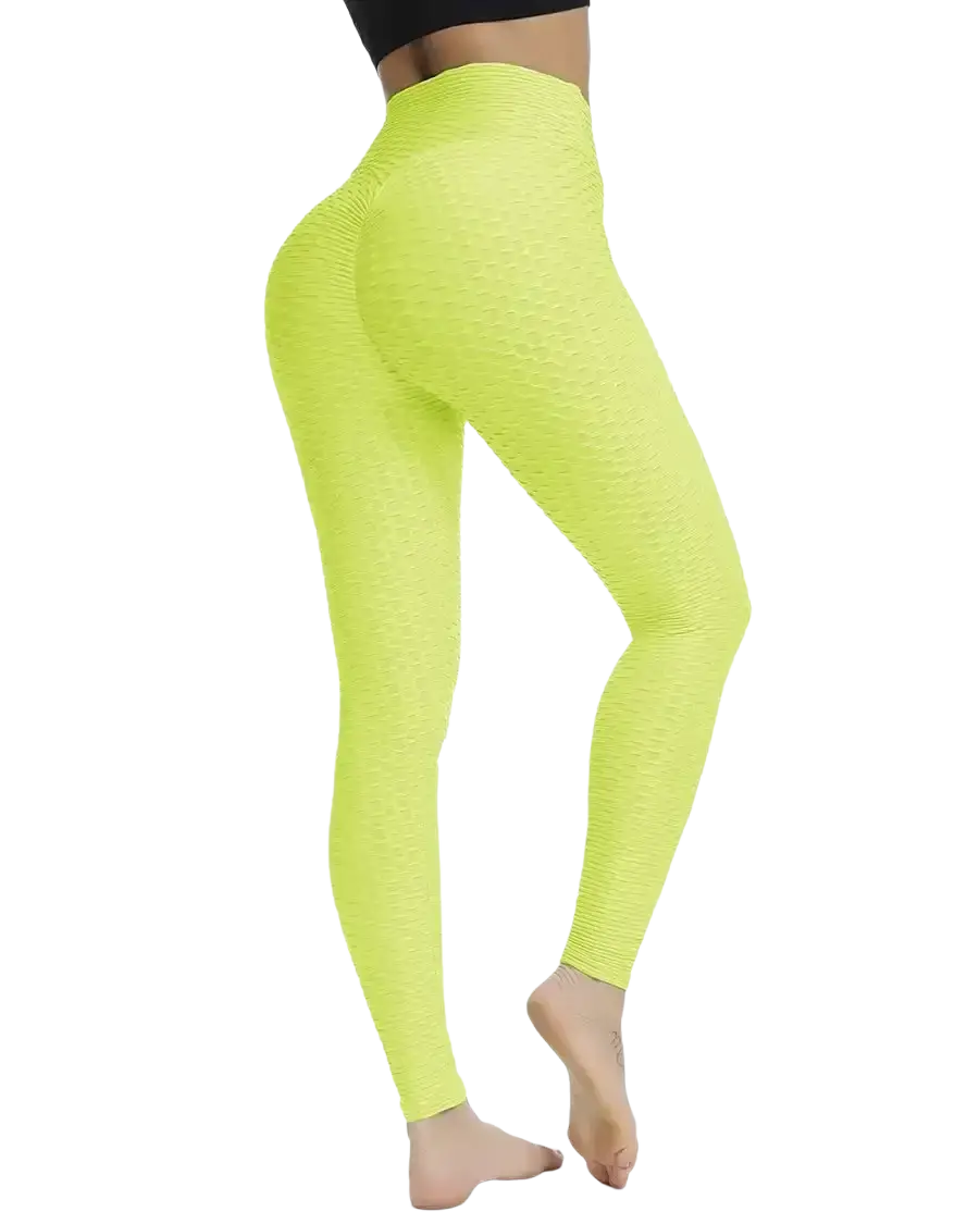 Bright neon green high-waisted seamless workout leggings with ribbed fabric and push up butt lifting design