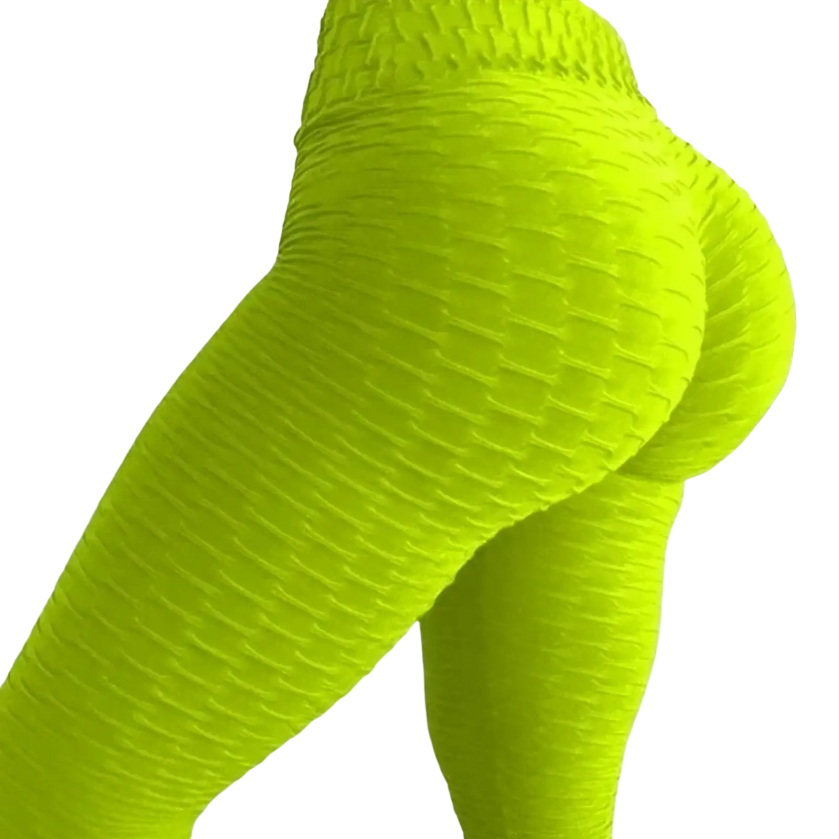 Bright neon green high waisted seamless push up butt lifting leggings with a textured ribbed pattern for workouts