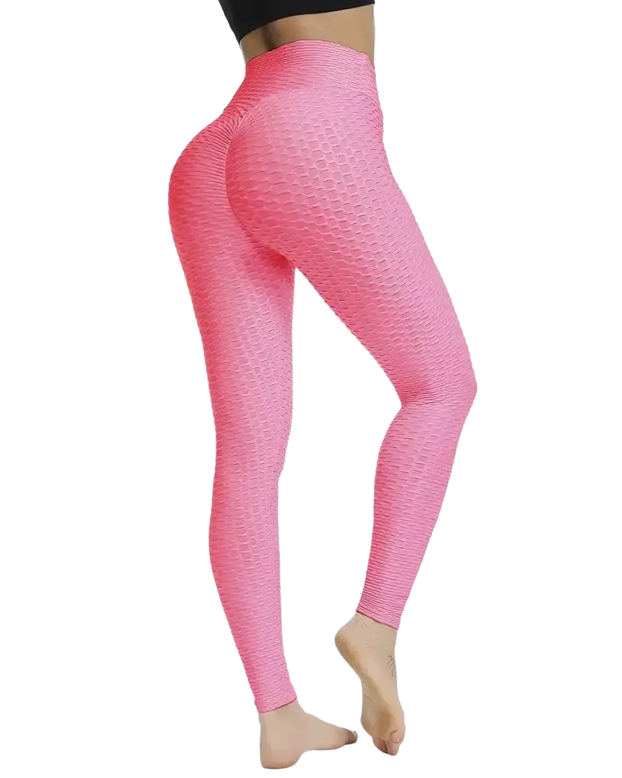 Bright pink high-waisted honeycomb textured seamless push up butt lifting workout leggings back view