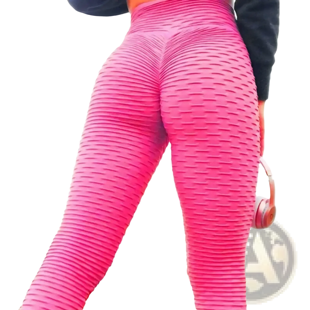 Bright pink seamless textured leggings with ribbed pattern designed for push up butt lifting workout support
