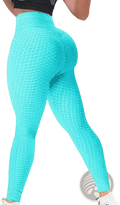 Turquoise high-waisted push up butt lifting seamless workout leggings with textured honeycomb pattern shown from the back