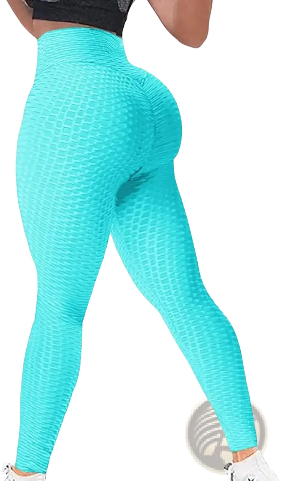 Turquoise high-waisted push up butt lifting seamless workout leggings with textured honeycomb pattern shown from the back