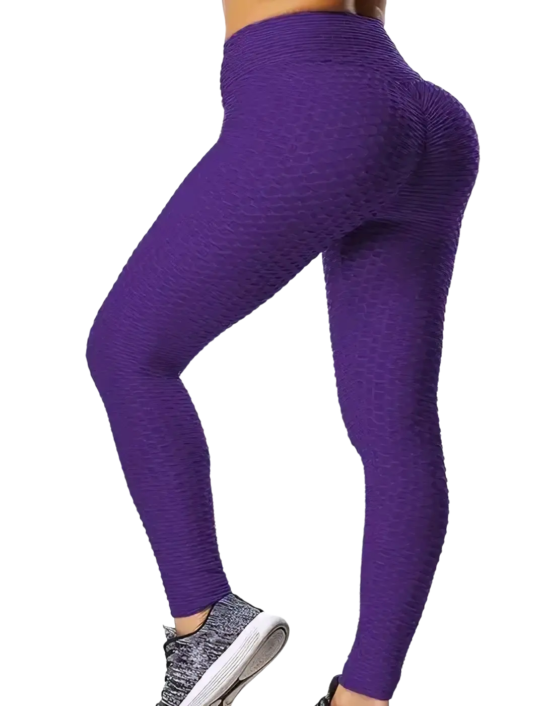 Purple high-waisted seamless push up butt lifting leggings with textured honeycomb pattern for workout use back side view