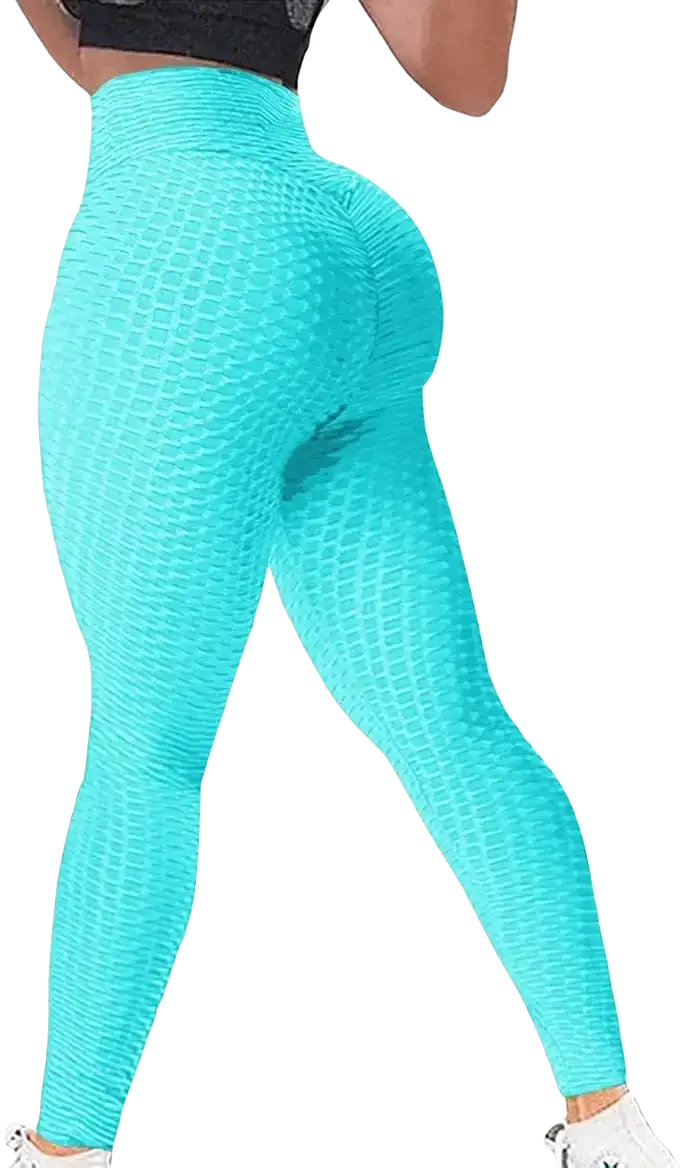 Turquoise high-waisted push up butt lifting seamless workout leggings with textured honeycomb pattern shown from the back