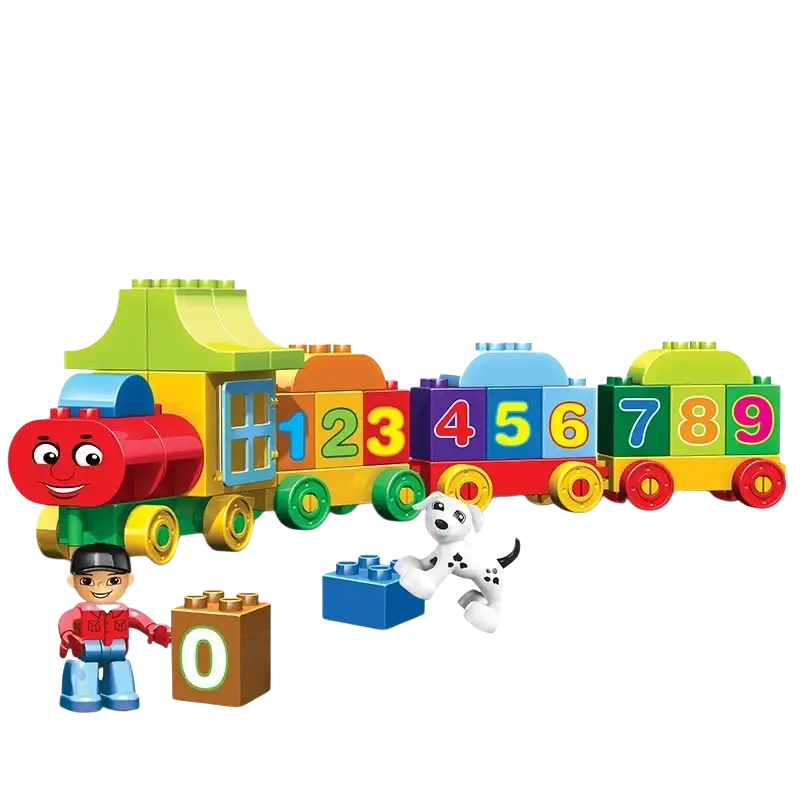 Colorful puzzle digital train building block set featuring a smiling red engine and numbered plastic carriages 188-22-s