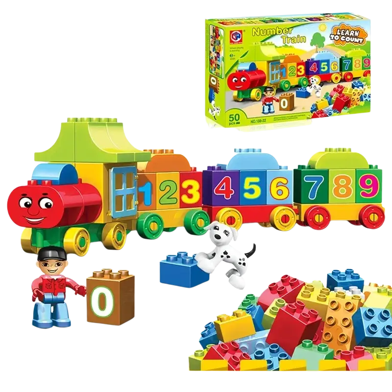 Colorful plastic puzzle digital train building block set with numbered carriages and a smiling red engine 188-22-s