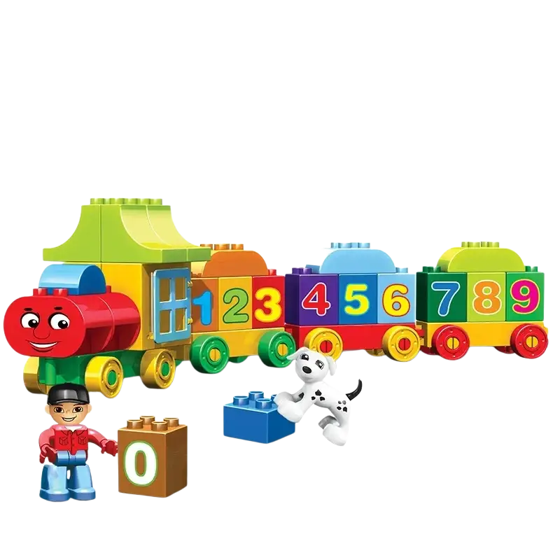 Colorful puzzle digital train 188-22-s building block set with numbered carriages and a smiling red engine