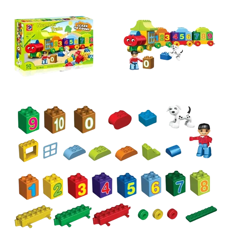 Colorful plastic puzzle digital train building block set 188-22-s featuring a red engine car with numbers and figures