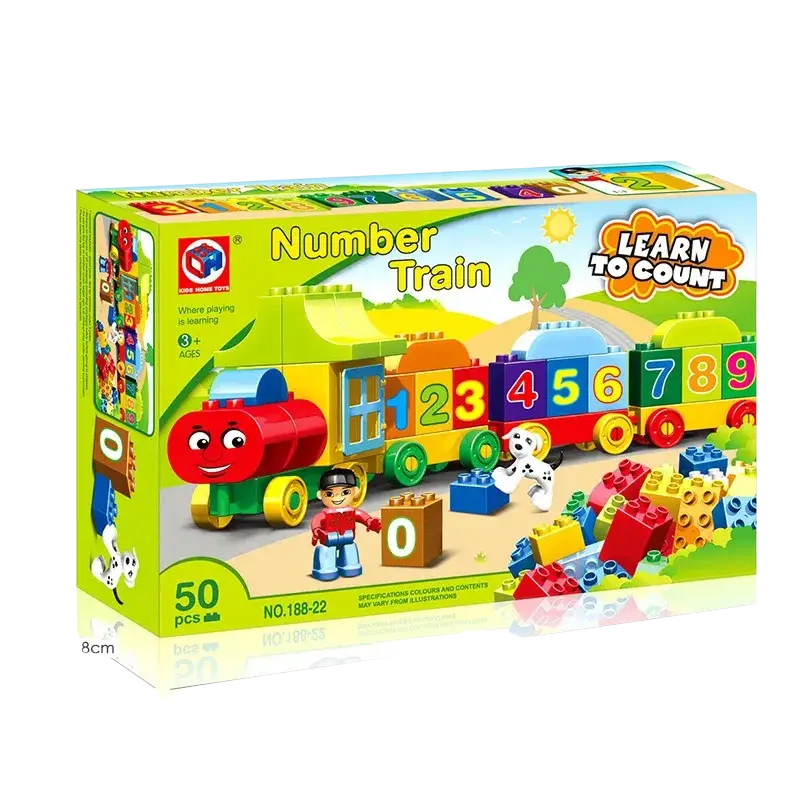 Colorful plastic lego-style puzzle digital train building block set with numbered carriages and smiling red engine 188-22-s