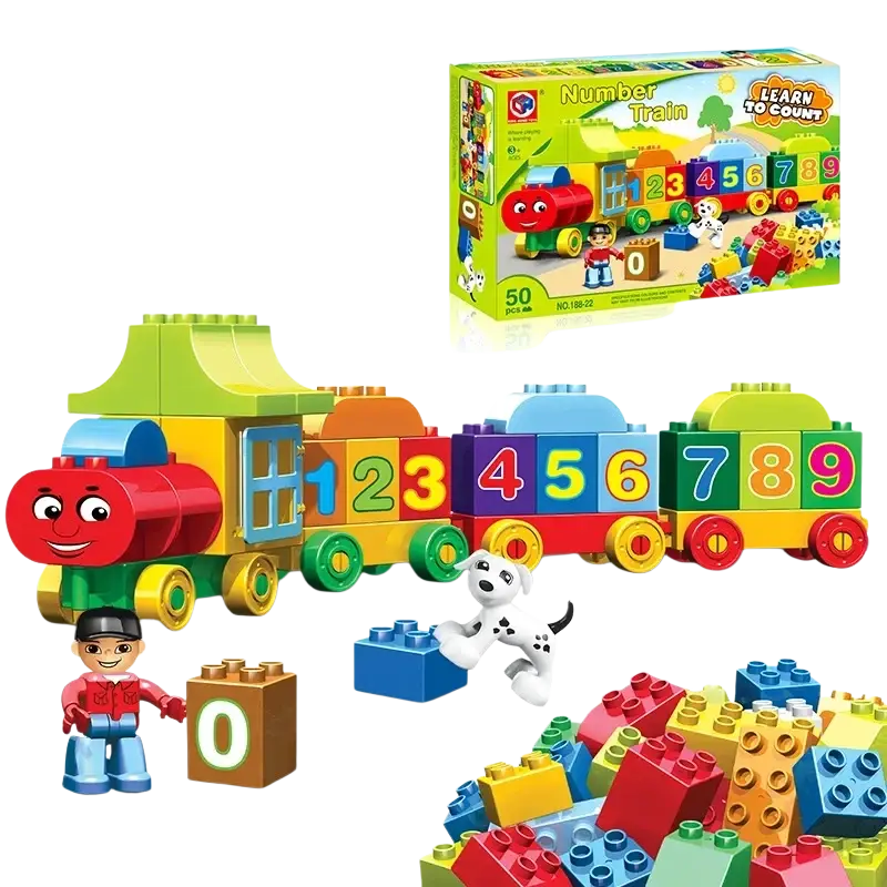Colorful puzzle digital train building block set with smiling red plastic engine and numbered carriages 188-22-s