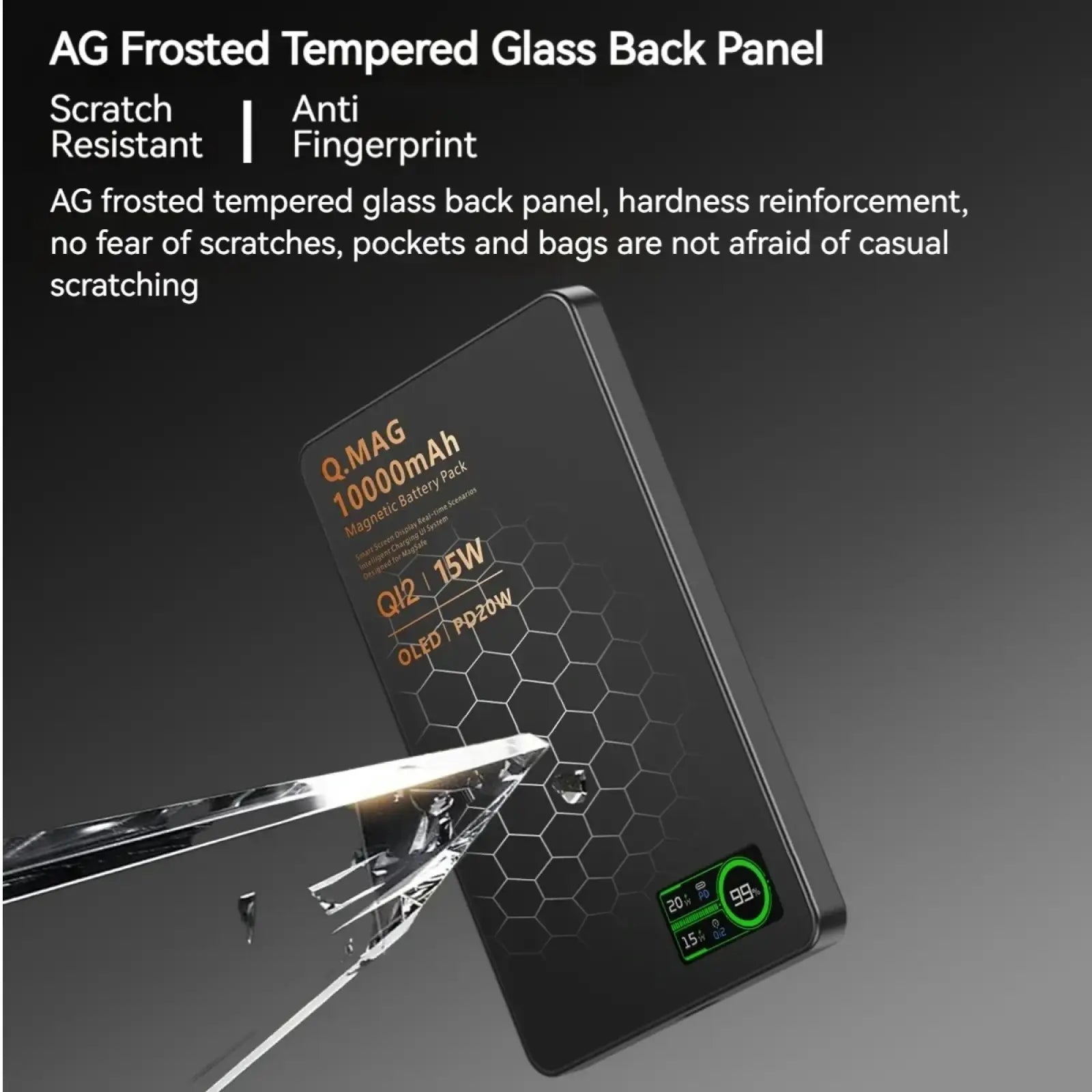 Back side of qi2 magnetic wireless power bank 10000mah with black ag frosted tempered glass and hexagonal pattern display
