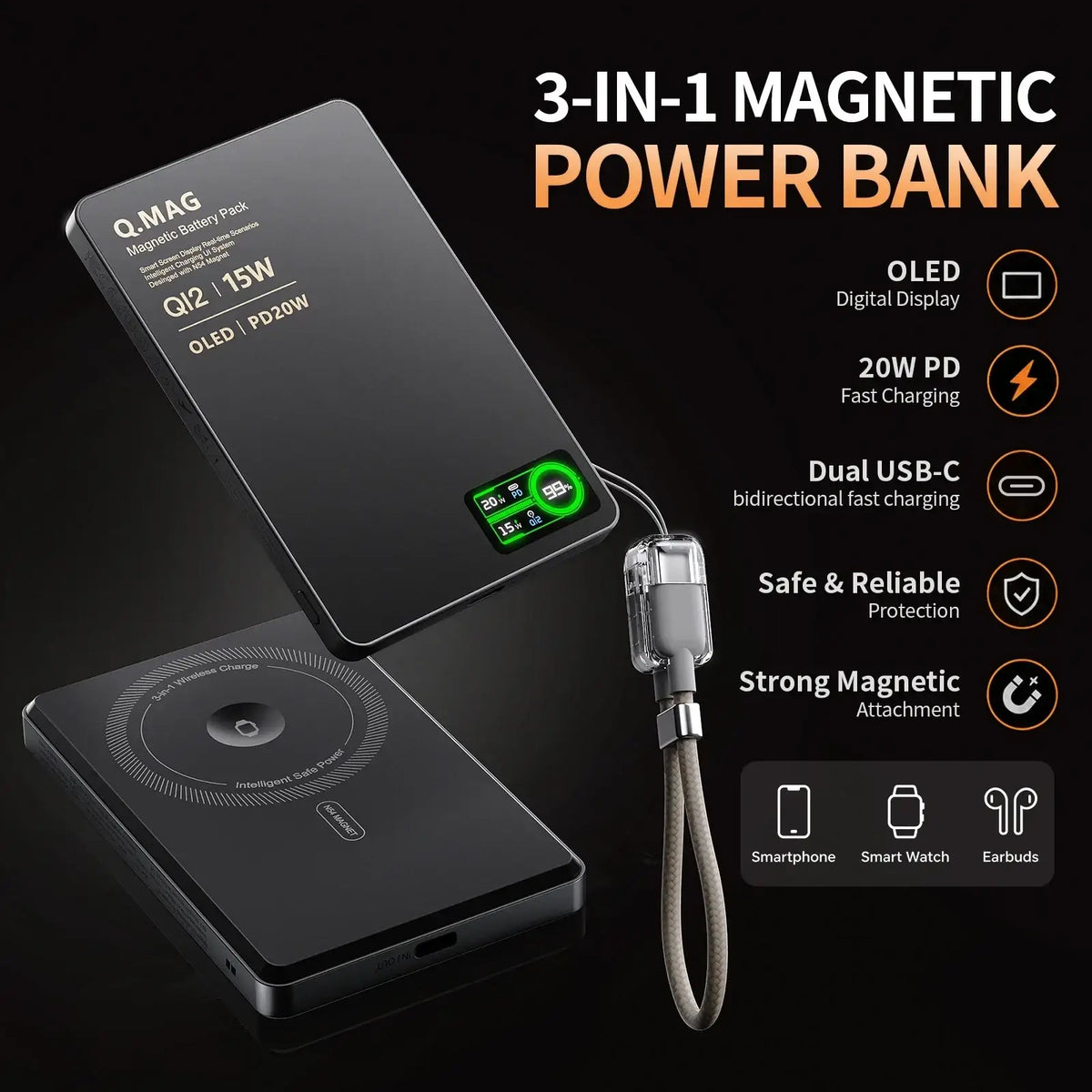 Black q.mag qi2 magnetic wireless power bank 10000mah with oled display and dual usb-c ports for versatile charging
