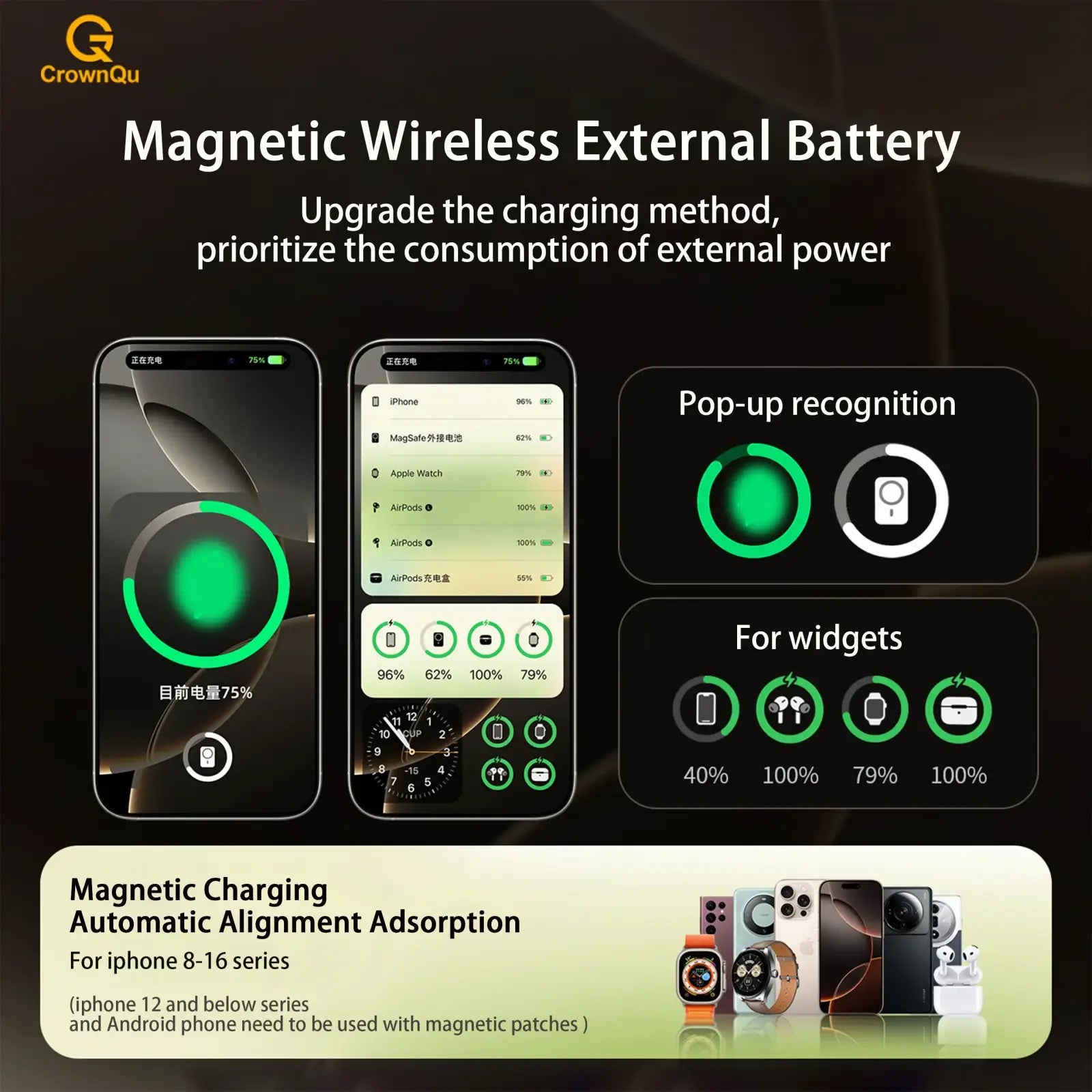 Qi2 magnetic wireless power bank 10000mah with crownqu automatic alignment adsorption for iphone 8-16 series