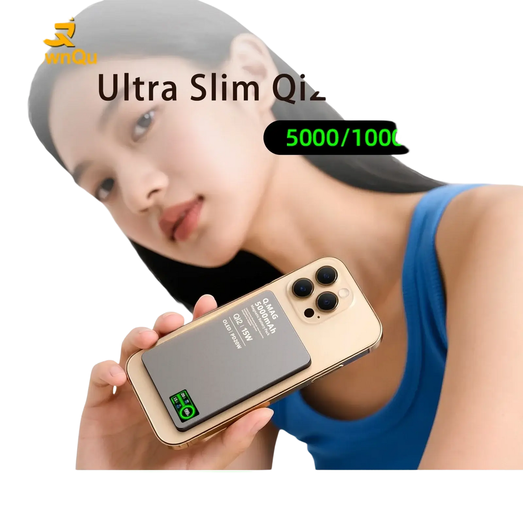 Gold-colored ultra slim qi2 magnetic wireless power bank 10000mah with matte black charging pad and green led indicator light