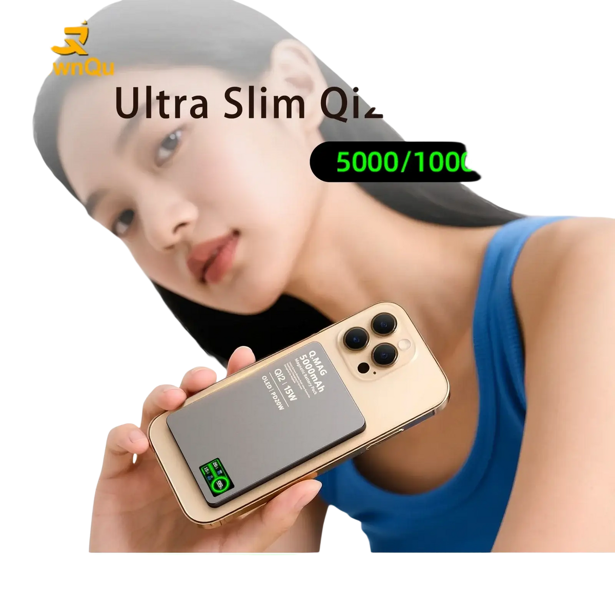 Gold-colored ultra slim qi2 magnetic wireless power bank 10000mah with matte black charging pad and green led indicator light