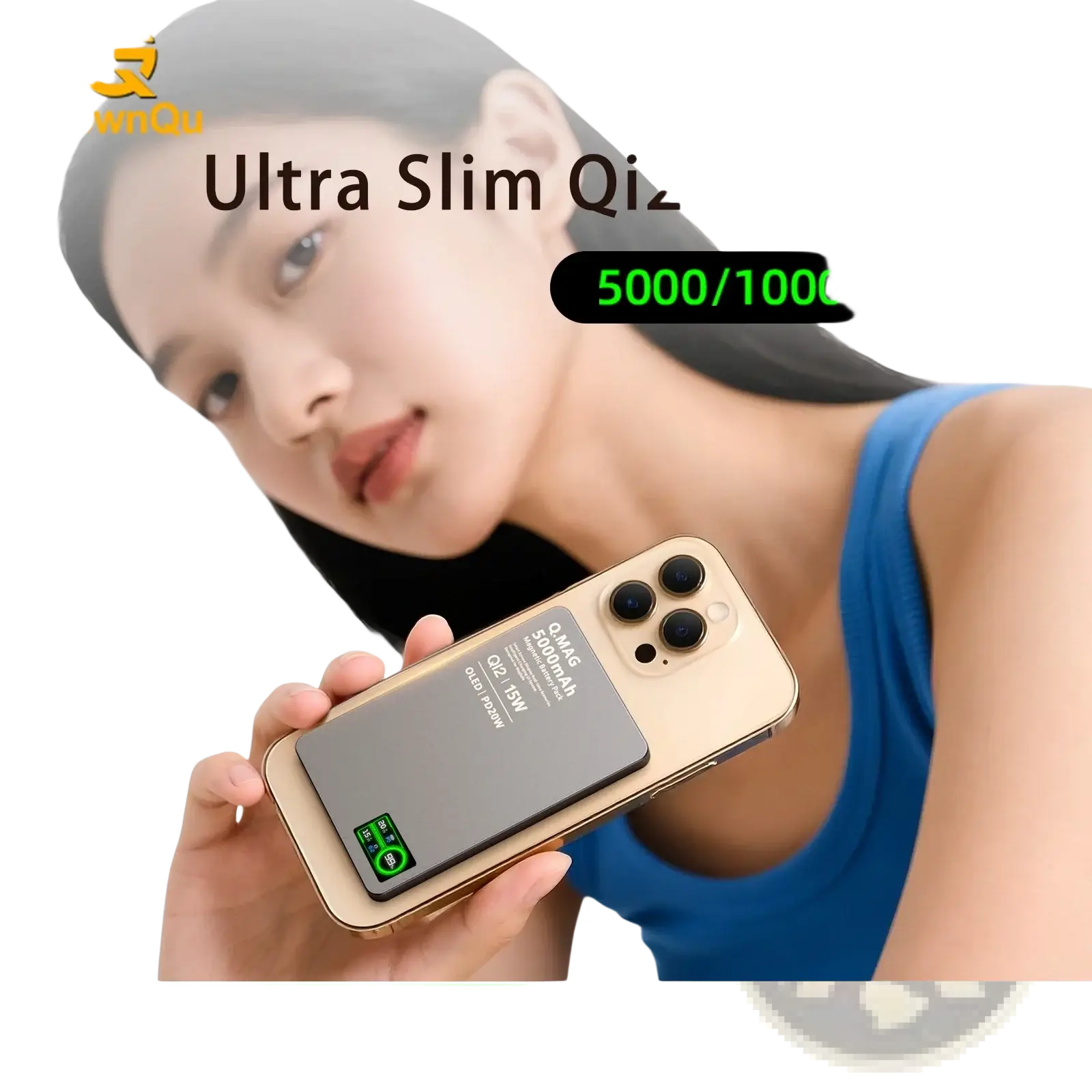 Gold-colored ultra slim qi2 magnetic wireless power bank 10000mah with matte black charging pad and green led indicator light