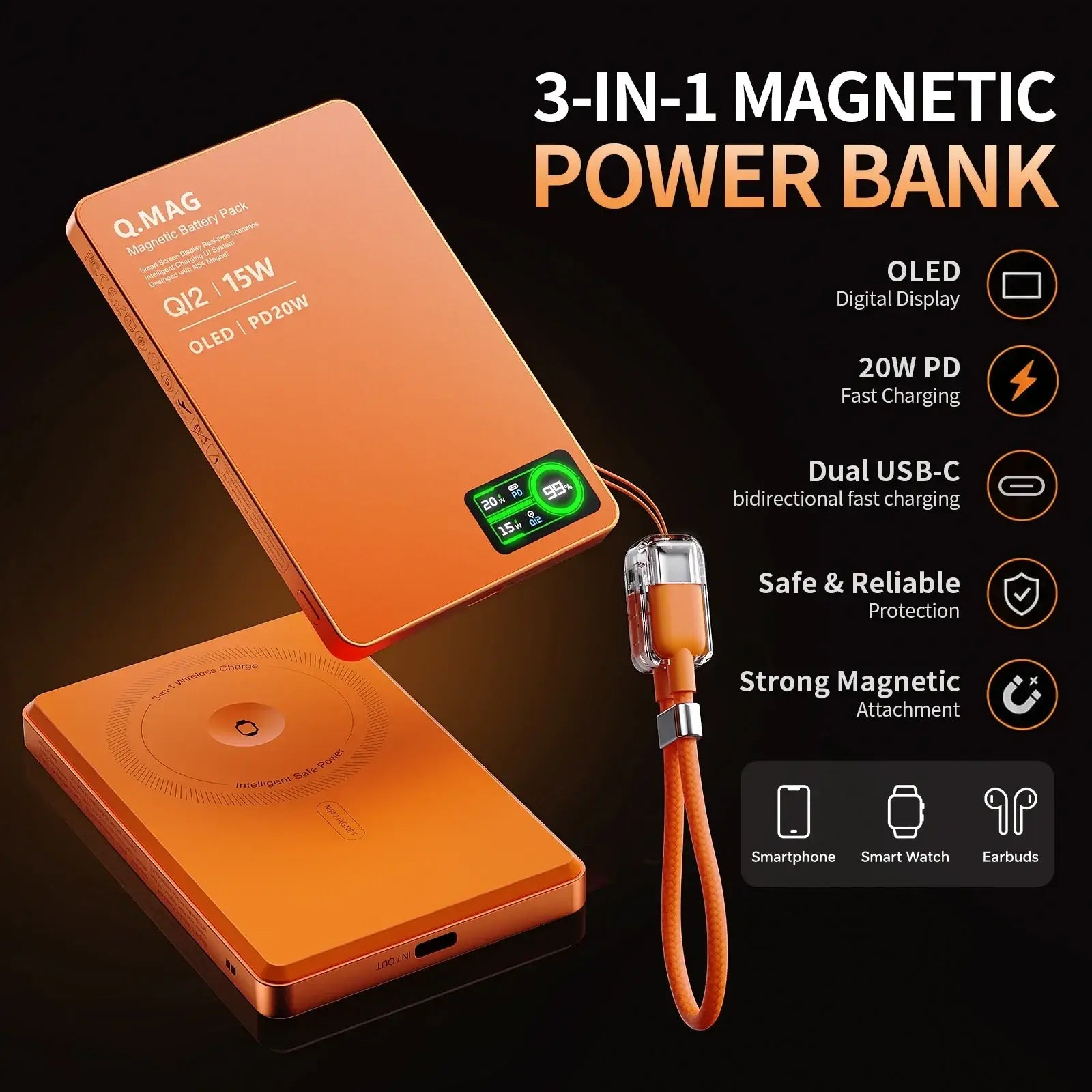 Orange qi2 magnetic wireless power bank 10000mah with oled display and dual usb-c ports for versatile charging
