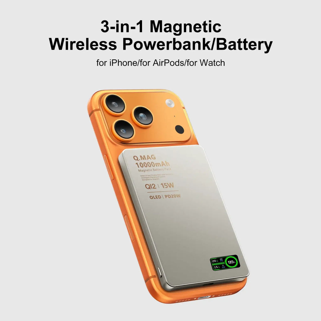 Orange and silver qi2 magnetic wireless power bank 10000mah 3-in-1 with triple camera cutout design backside view