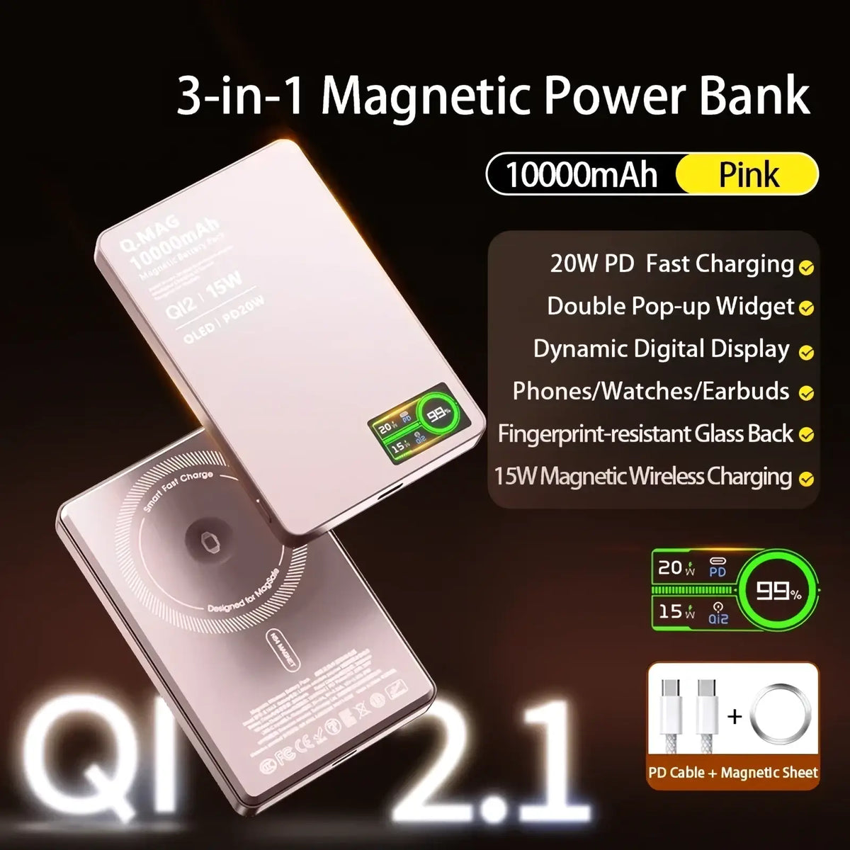 Pink qi2 magnetic wireless power bank 10000mah with sleek metallic finish and fingerprint-resistant glass back shown from rear