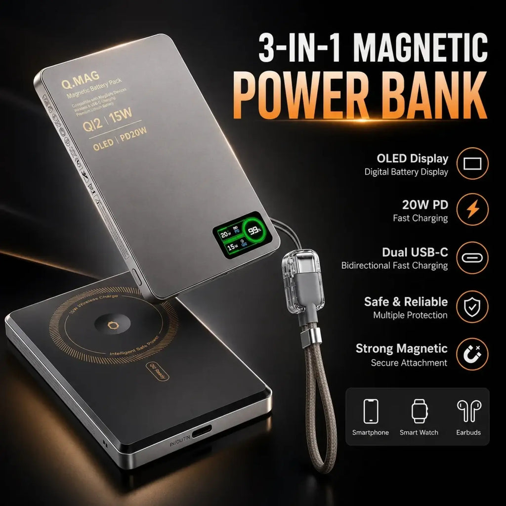Silver metallic qi2 magnetic wireless power bank 10000mah 3-in-1 with oled display and dual usb-c ports