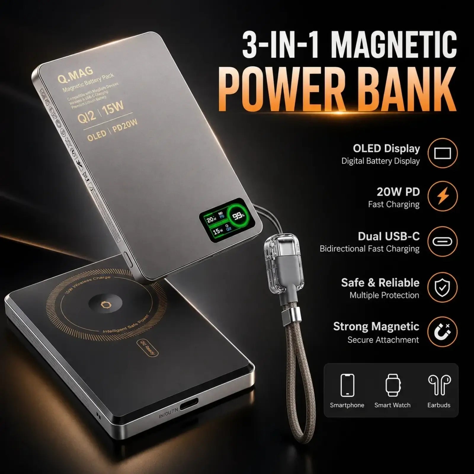 Silver metallic qi2 magnetic wireless power bank 10000mah 3-in-1 with oled display and dual usb-c ports