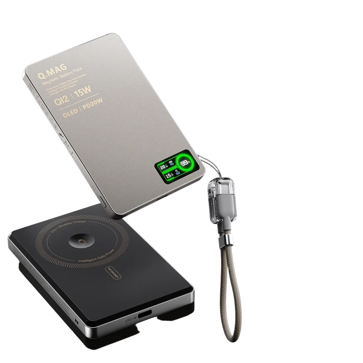 Silver q.mag qi2 magnetic wireless power bank 10000mah with oled display and dual usb-c ports for versatile charging