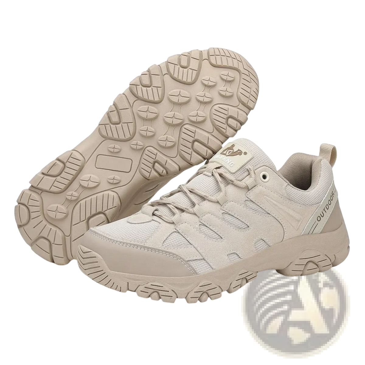 Beige Qifeng men waterproof outdoor hiking shoe with mesh and synthetic materials and rugged tread pattern
