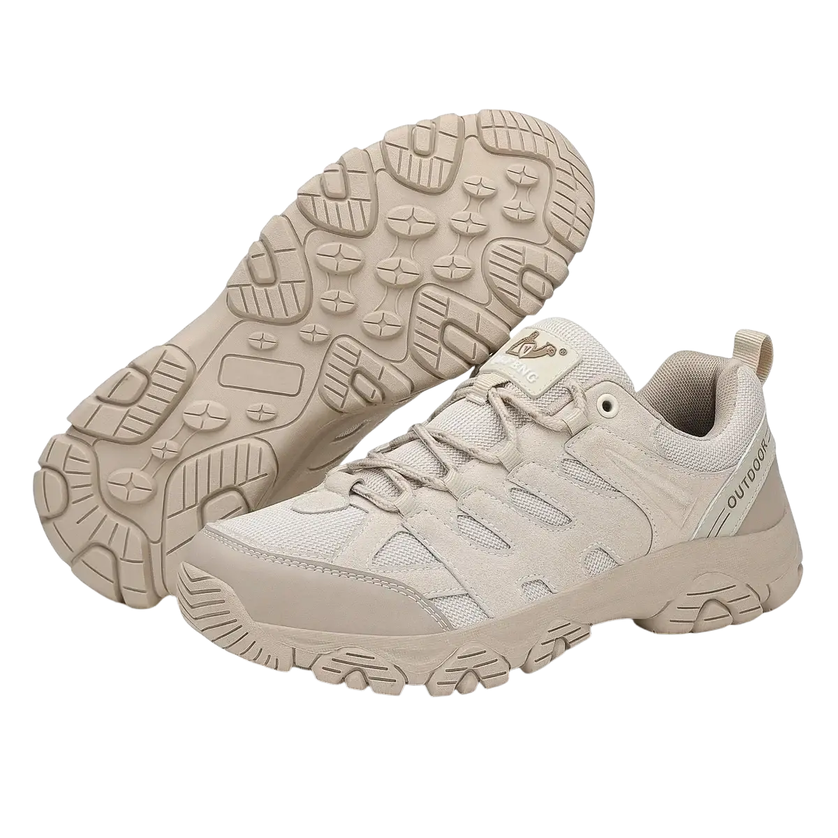 Beige Qifeng men waterproof outdoor hiking shoe with mesh and synthetic materials and rugged tread pattern
