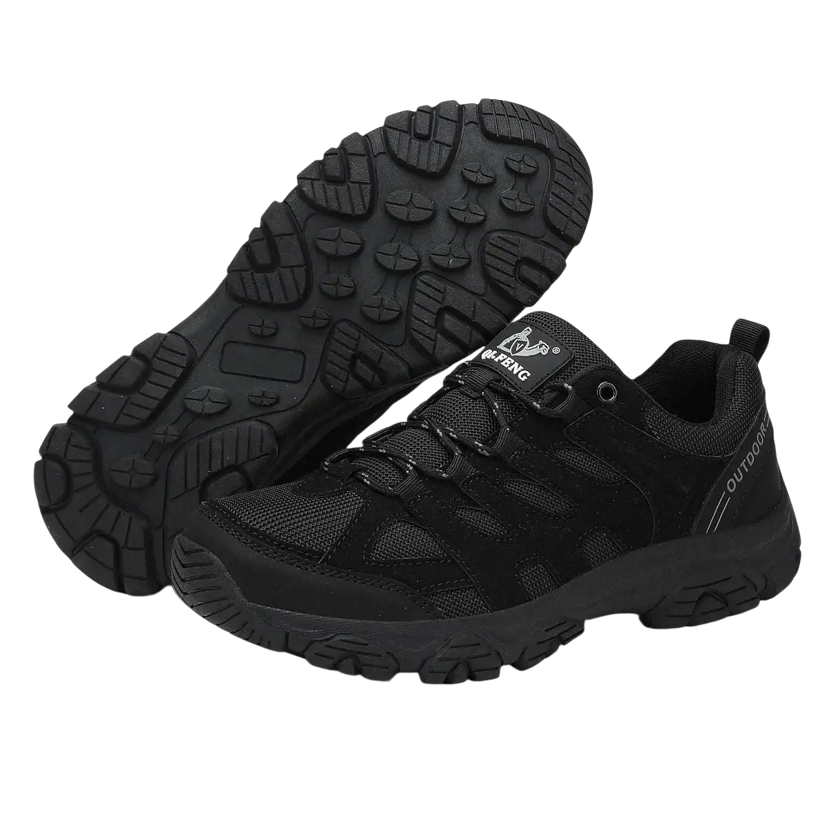 Black qifeng men waterproof outdoor hiking shoe with mesh and suede upper and rugged rubber sole