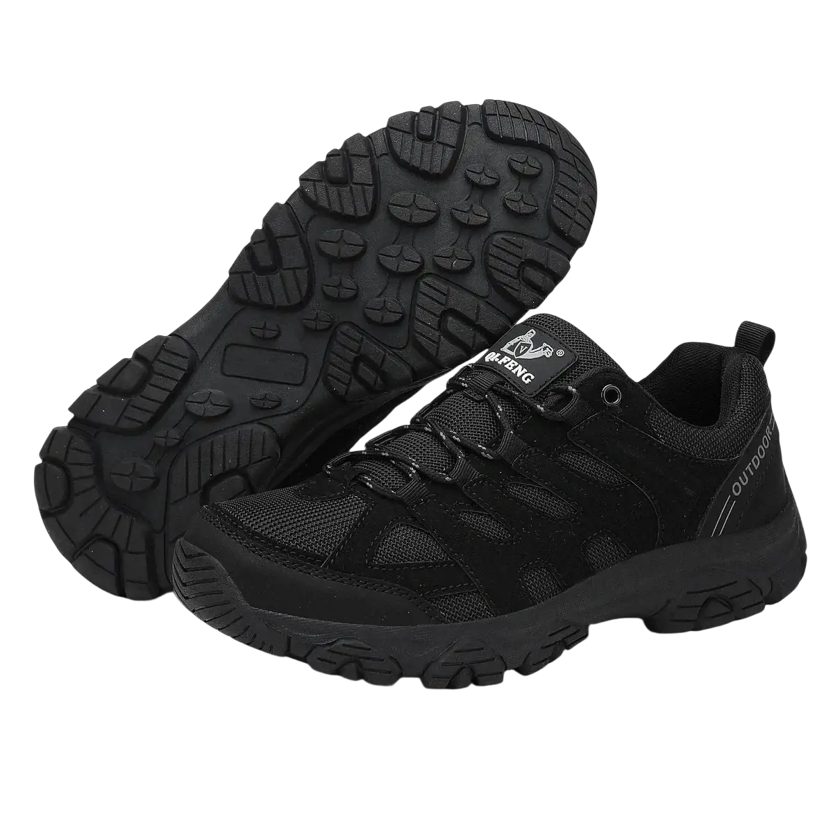 Black Qifeng men waterproof outdoor hiking shoe with mesh and synthetic overlays and rugged rubber sole