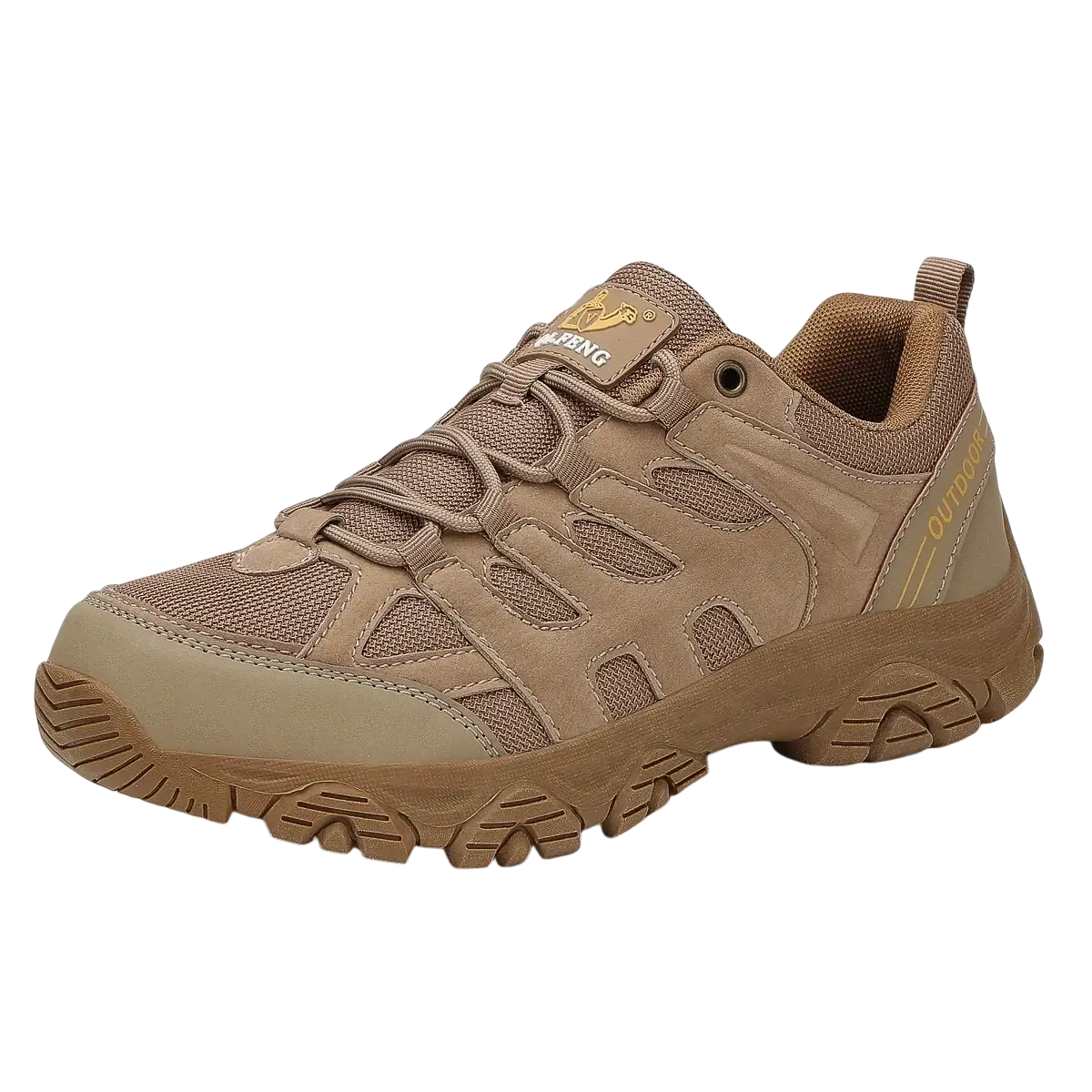 Tan qifeng men waterproof outdoor hiking shoe with tan mesh and suede panels reinforced stitching and rugged rubber sole