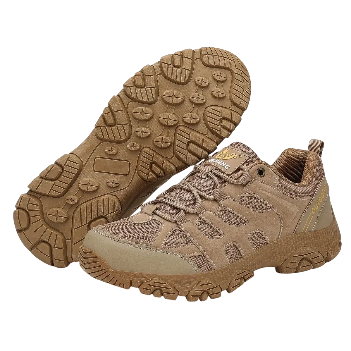 Tan and beige qifeng men waterproof outdoor hiking shoe with mesh and suede upper and rugged rubber sole