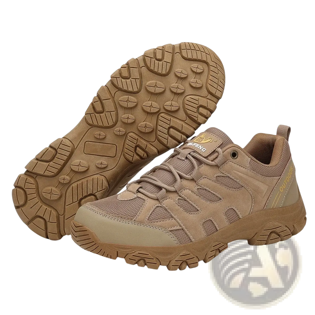 Qifeng men waterproof outdoor hiking shoe in tan with mesh and suede upper and rugged rubber sole