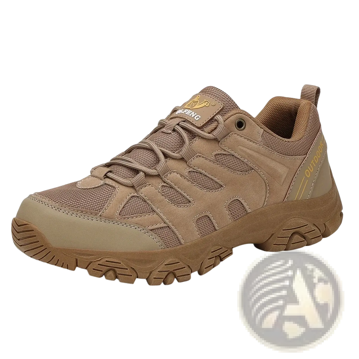 Tan qifeng men waterproof outdoor hiking shoe with tan mesh and suede panels reinforced stitching and rugged rubber sole