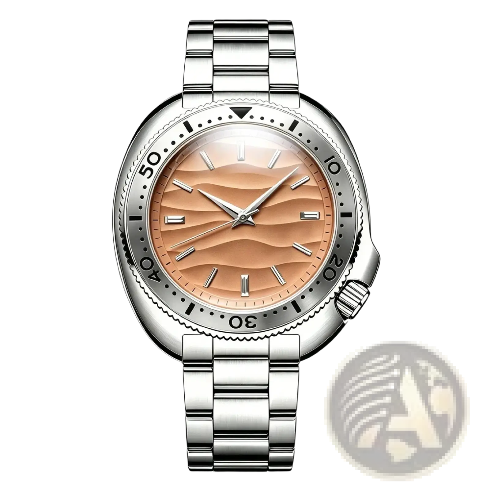 Qingxiya men quartz stainless steel watch with silver-toned case and bracelet and peach wavy textured dial