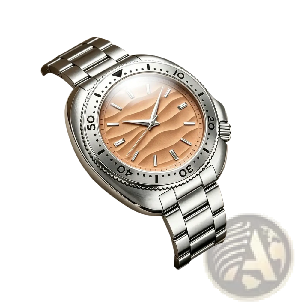 Qingxiya men quartz stainless steel watch with silver-tone case, unidirectional bezel, and peach wavy textured dial