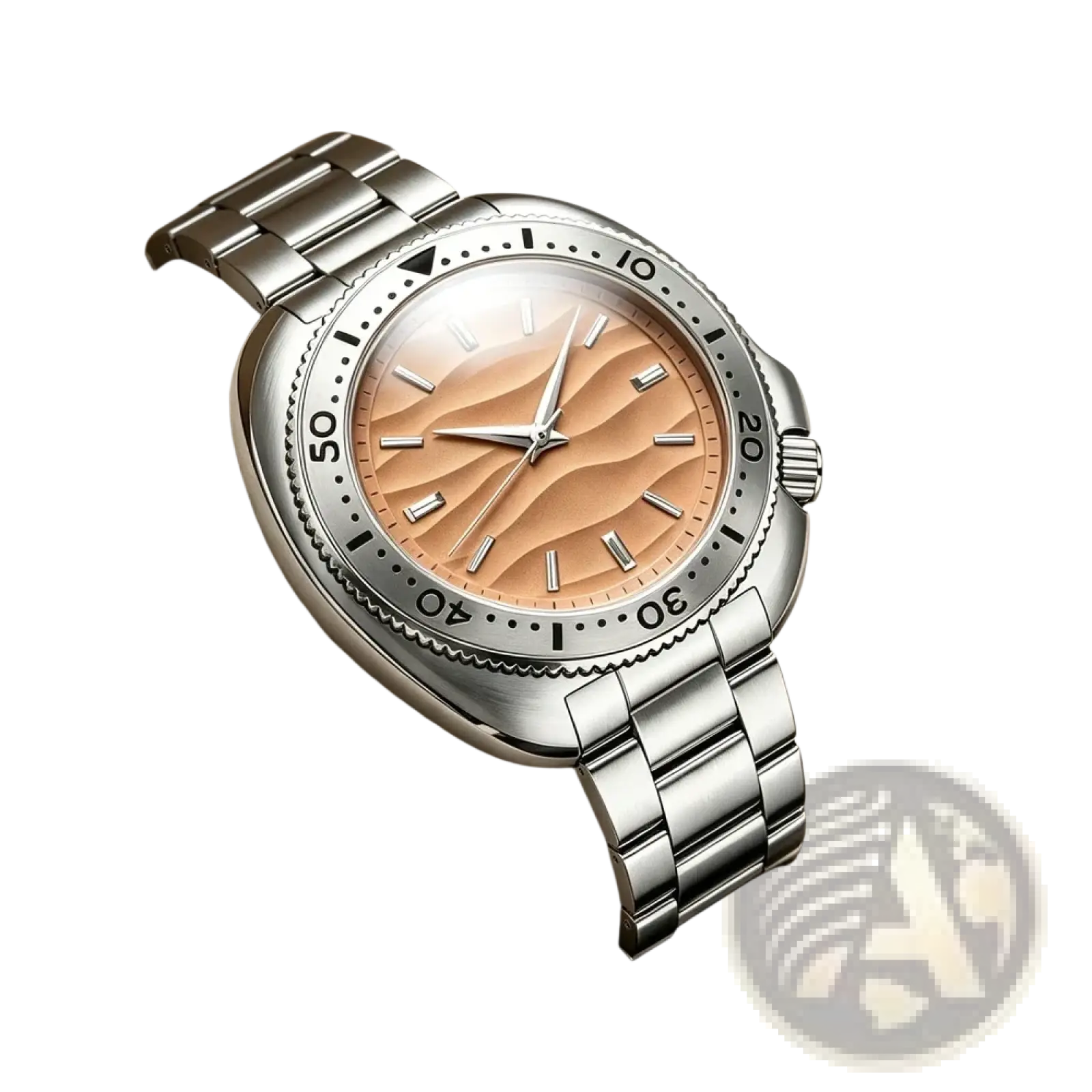 Qingxiya men quartz stainless steel watch with silver-tone case, unidirectional bezel, and peach wavy textured dial